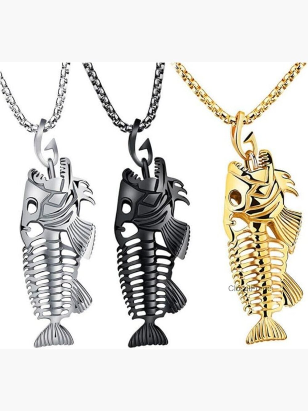 Fish Bone Skeleton Pendant Necklace Stainless Steel 24in